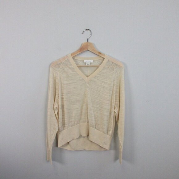 Club Monaco Cropped Top Women's XS Beige Sheer Long Sleeve V-Neck Casual 110 - Picture 1 of 7